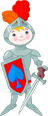 Cartoon knight in silver armor with a red shield featuring a blue spade, holding a sword.