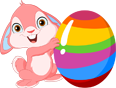 A smiling cartoon bunny holding a rainbow-colored cup