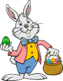 Cartoon Easter bunny in pink jacket and blue shorts holding a basket of eggs