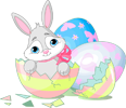 Cartoon bunny in a broken Easter egg