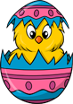 Cartoon chick hatching from a decorated Easter egg