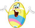 Cartoon Easter egg with a happy face and striped pattern coming out of a yellow basket
