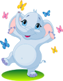 A cartoon elephant with large ears and a big smile, surrounded by colorful butterflies.