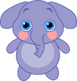 Cartoon elephant with big blue eyes and pink cheeks on a purple background