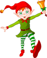 Cartoon elf in green and red ringing a golden bell