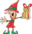 Cartoon elf holding a gift wrapped with a red ribbon