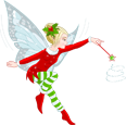 A cartoon fairy with white wings and a red dress decorates a staircase with holly.