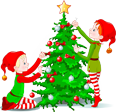 Two cartoon elves decorating a Christmas tree