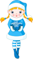 Cartoon girl in blue winter dress holding a snowflake.