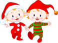 Two cartoon children in Christmas costumes