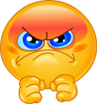 Angry yellow emoji with blue eyes and clenched fists