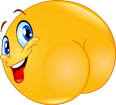 A cartoon yellow character with a big smile and blue eyes