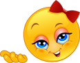 Flirty yellow emoji with blue eyes and red bow