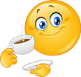A yellow emoji with a smile holding a cup of coffee