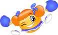 A cartoon character with orange hair and a blue collar smiling.