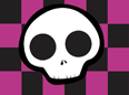 White skull on pink and black checkered pattern