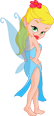 Cartoon character with blonde hair and green eyes in a blue dress