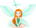 Cartoon fairy with orange hair and green dress meditating with a dragonfly above