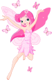 A cartoon fairy with pink hair and dress, dancing among flowers.