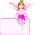 A cartoon fairy with pink and white wings and a purple skirt