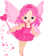 A cartoon fairy with pink hair and wings