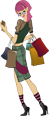 A cartoon woman with pink hair wearing a green dress and striped socks, holding a bag.