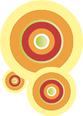 Concentric circles in orange, red, and green hues within speech bubbles.