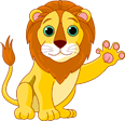 A cartoon lion waving its paw with a big smile