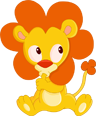 A cartoon lion with an orange mane sitting on the ground.