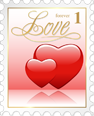Digital illustration of a postage stamp with two red hearts and 'Love' in gold cursive.