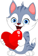 Cartoon kitten holding a red heart