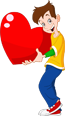 Cartoon illustration of a young boy holding a large red heart