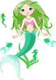 Cartoon mermaid with green hair and tail