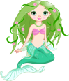 Cartoon mermaid with green hair and tail