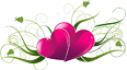 A stylized pink heart with green leaves and pink flowers