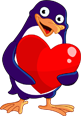 Cartoon penguin holding a red heart