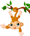 Cartoon monkey hanging upside down from a tree branch