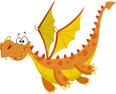A cartoon dragon with orange and red scales, sharp teeth, and claws.