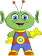 Cartoon green alien character with blue eyes and colorful overalls