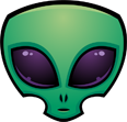 Green alien face with large purple eyes