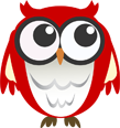 Cartoon owl wearing glasses on a red background