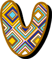 A stylized, multicolored geometric necklace against a brown and black background
