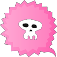 White skull in a pink starburst on a black background