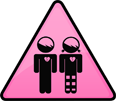 Pink triangle caution sign with pregnant woman and man stick figures