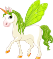 Cartoon unicorn with green wings and mane