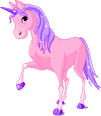 A pink unicorn with purple mane and tail on a purple and pink background