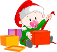 Cartoon baby in elf costume with candy cane and presents