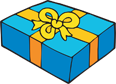 A blue gift box with yellow and orange accents and a bow