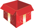 Two red gift boxes with gold ribbons and swirling patterns