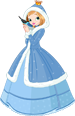 Cinderella in a blue winter dress with white trim